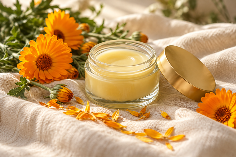 Illustrative jar of balm with calendula flowers