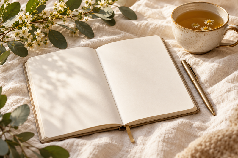 Notebook, pen and tea for reflection