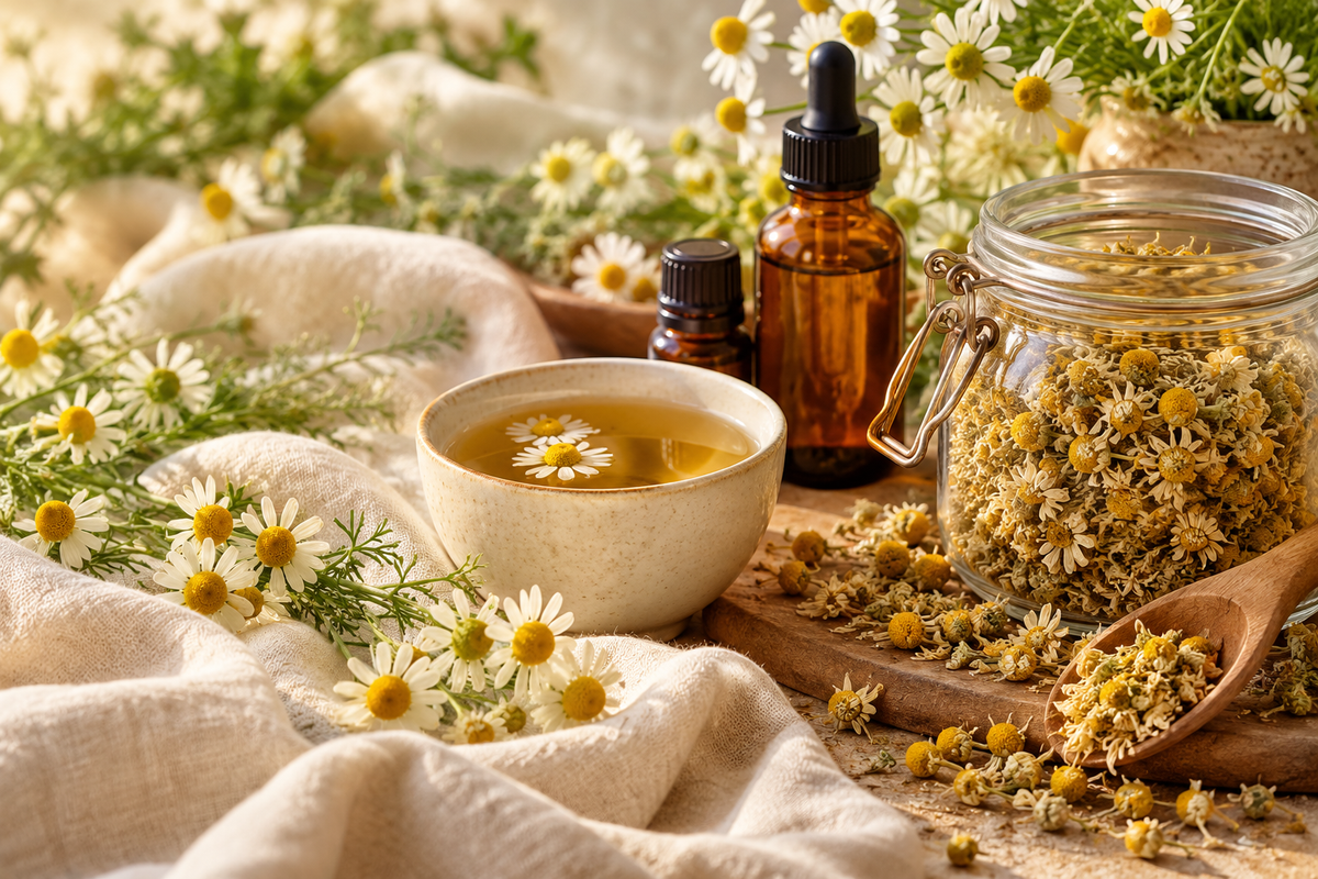 Chamomile tea, herbs and amber bottles on cream linen
