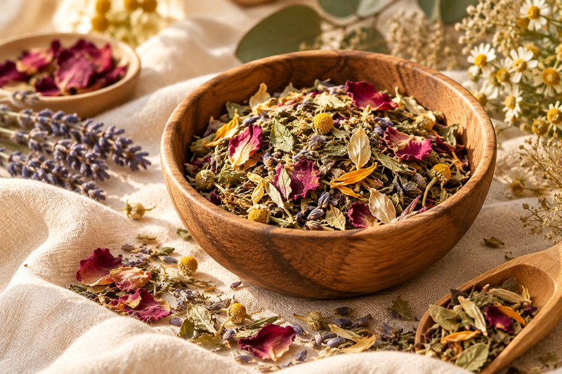 Loose herbal tea in a wooden bowl