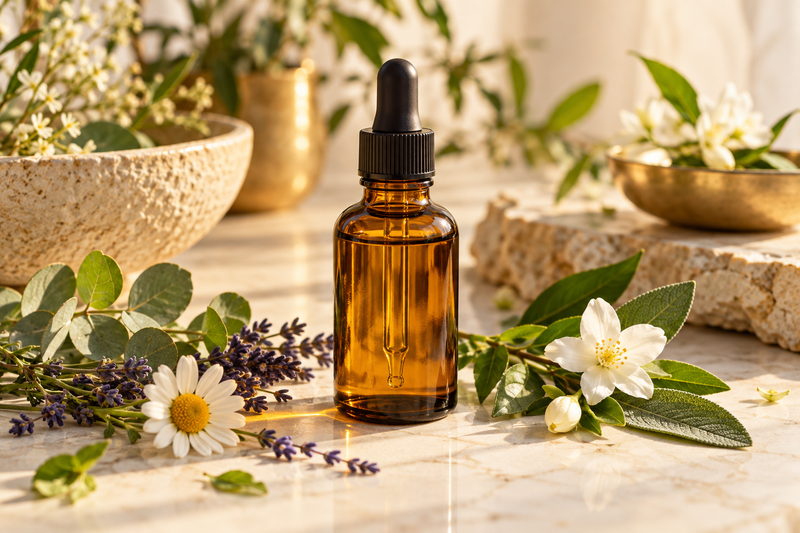 Amber dropper bottle with botanical leaves