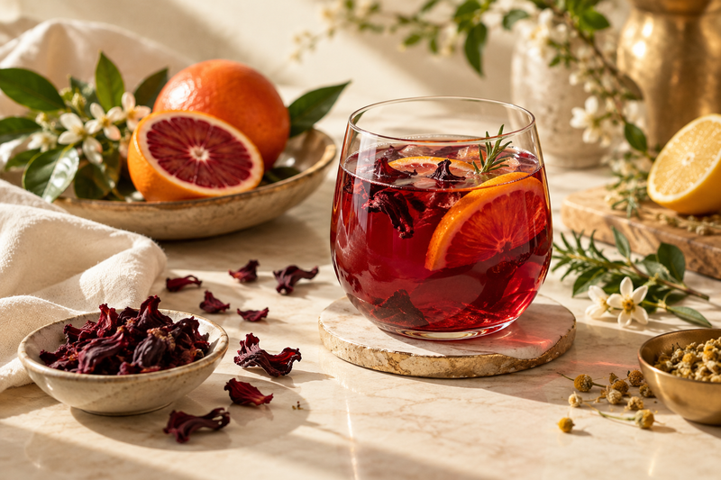 Glass of ruby herbal beverage with citrus